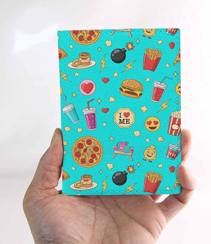 Fast Food Icons Passport Holder for Travel Fashion Popcorn Patches Pattern PU Leather Passport Cover Wallet Cute Passport Card Holder for Women and Men