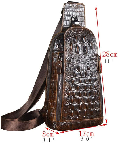 Hebetag Crocodile Genuine Leather Sling Bag Backpack for Men Travel Outdoor Hunting Hiking Camping Crossbody Shoulder Chest Pack Daypack Coffee