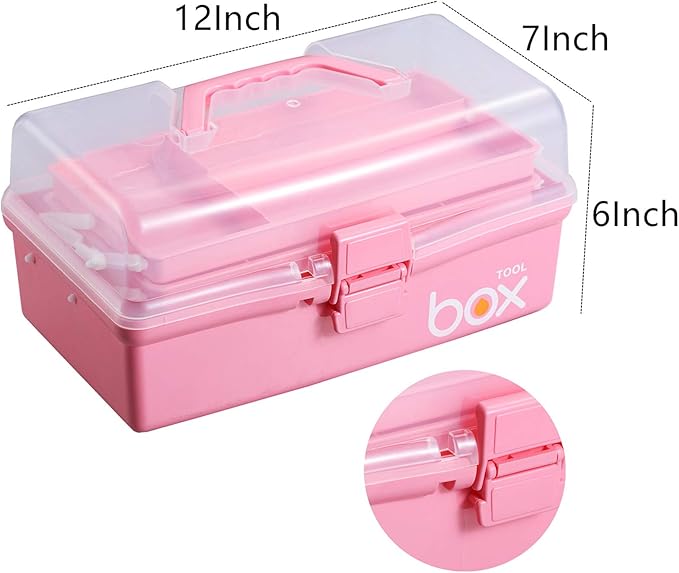 Kinsorcai 12'' Three-Layer Clear Plastic Storage Box with Handle, Craft Tool Box, 3 Layer Pink Tackle Box for Women, Organizer Box for Sewing Art and Cosmetic (Pink)