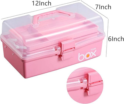 Kinsorcai 12'' Three-Layer Clear Plastic Storage Box with Handle, Craft Tool Box, 3 Layer Pink Tackle Box for Women, Organizer Box for Sewing Art and Cosmetic (Pink)