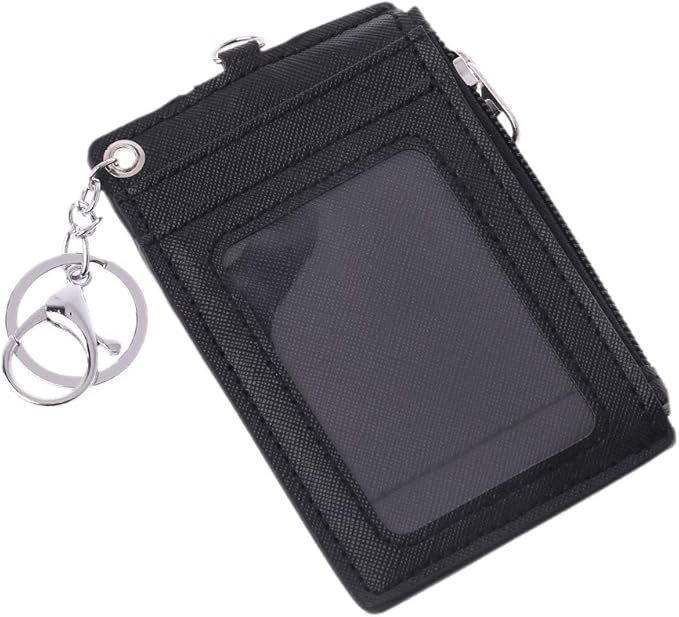 Portable Leather Business ID Card Credit Badge Holder Coin Purse Wallet Keychain (Black)