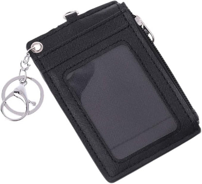 Portable Leather Business ID Card Credit Badge Holder Coin Purse Wallet Keychain (Black)