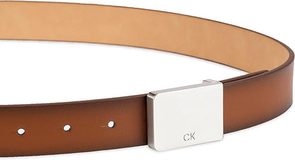Calvin Klein Men's Plaque Buckle Belt - Casual Modern Style With Logo Detail for Jeans and Dress Pants