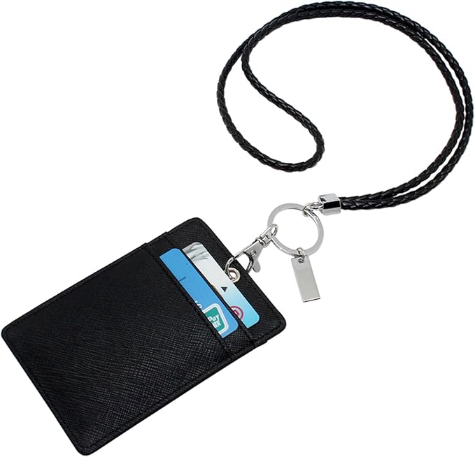 Boshiho Vertical Style Leather ID Card Badge Holder with Keychain Lanyard (Black with Keychain)