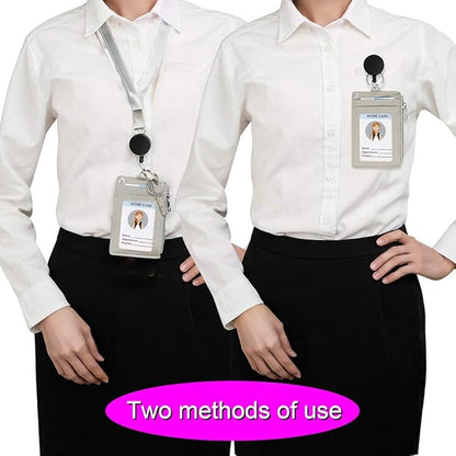 【2025 Latest】 Cute ID Badge Holder Retractable Lanyard Reel Clip with Heavy Duty Carabiner, 5 Card Slots in 2 Sided with Key Ring and Zipper for Students Teens Boys Girls Office Staff Women (Grey)