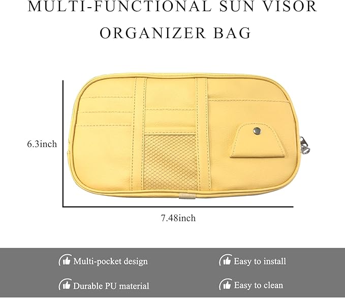 Car Sun Visor Organizer, Leather Multi-Pocket Visor Organizer Pouch with Double Zippers Net, Sunglass Holder Storage Pocket for License Pen Key Card Registration Document (Beige)