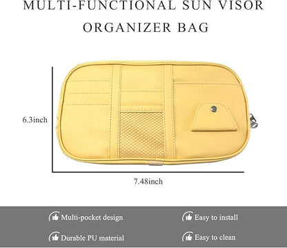 Car Sun Visor Organizer, Leather Multi-Pocket Visor Organizer Pouch with Double Zippers Net, Sunglass Holder Storage Pocket for License Pen Key Card Registration Document (Beige)