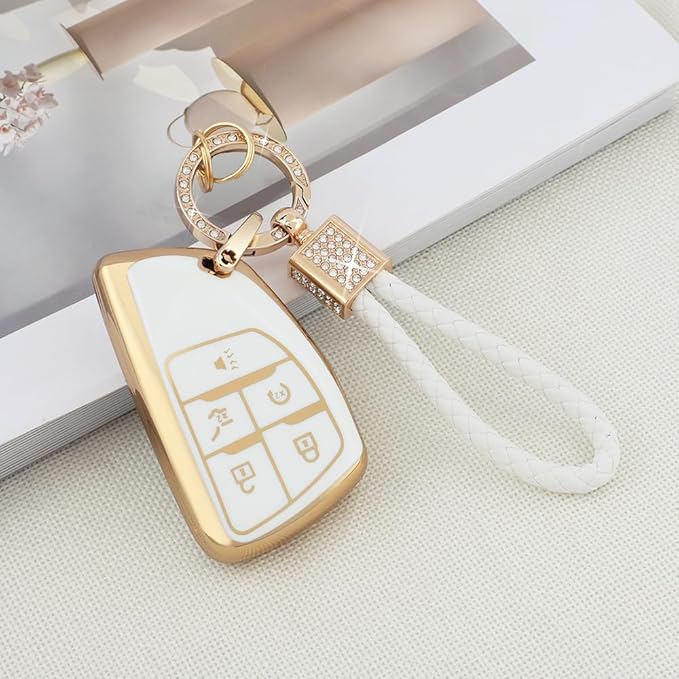 PIFOOG Key Fob Cover for Chevy Buick 5 Button Car Smart Keys Shell Case Glitter Key Chain Full Covers for GMC Sierra Silverado 1500 Envision Girl Women White Gold TPU