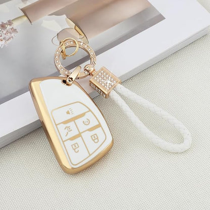 PIFOOG Key Fob Cover for Chevy Buick 5 Button Car Smart Keys Shell Case Glitter Key Chain Full Covers for GMC Sierra Silverado 1500 Envision Girl Women White Gold TPU