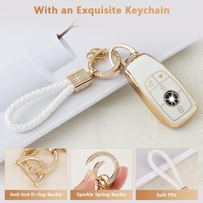 PIFOOG Key Fob Cover for Mercedes TPU White Gold Bling Keychain Accessories Fit Benz GLA GLE GLB GLS GLC CLA CLS C300 AMG A E S G Class Cute Car Keys Case Shell Girly Women