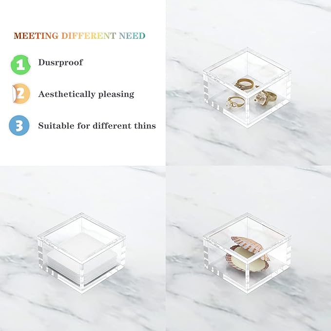 AITEE Small Acrylic Box with Lid, Clear Cube Display Case, Multi-Purpose Box Square for Holding Staples, Paper Clips, Stamps, Display in Office, Home