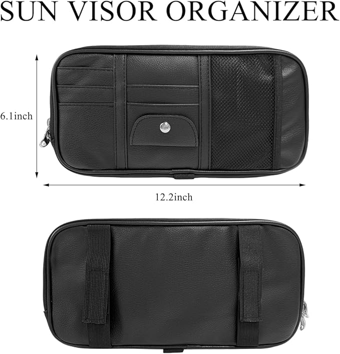 DXNQ Car Sun Visor Organizer, Double Zipper Leather Visor Storage Pouch with Multi-Pocket, Sunglass Holder Storage Pocket with Elastic Band for Cars SUVs Trucks, Car Accessories (Black)