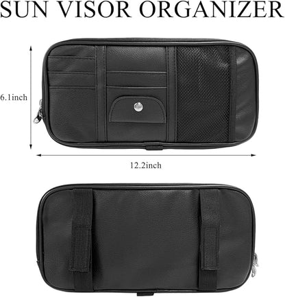 DXNQ Car Sun Visor Organizer, Double Zipper Leather Visor Storage Pouch with Multi-Pocket, Sunglass Holder Storage Pocket with Elastic Band for Cars SUVs Trucks, Car Accessories (Black)