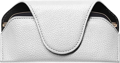 Sunglass Holder for Car Visor, Magnetic Auto Sun Visor Eyeglass Organizer with Dual Back Clips, Leather Glasses Protective Storage Case Universal for Most Vehicles Visors (White)