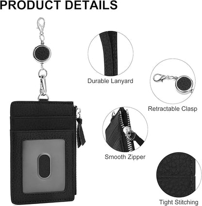 SENDEFN Retractable Badge Holder Wallet, Genuine Leather ID Card Holder with Removable Neck Lanyard Clasp, Five Card Slots, for Office Staff Women