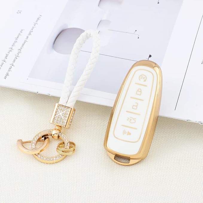 PIFOOG Key Fob Cover for Ford 5 Button Car Key Shell Case Glitter Keychain for Ford Edge Explorer Expedition Focus Taurus Escape C-Max Lincoln Smart Keys White Gold Girly Cute