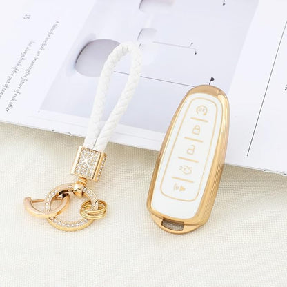 PIFOOG Key Fob Cover for Ford 5 Button Car Key Shell Case Glitter Keychain for Ford Edge Explorer Expedition Focus Taurus Escape C-Max Lincoln Smart Keys White Gold Girly Cute
