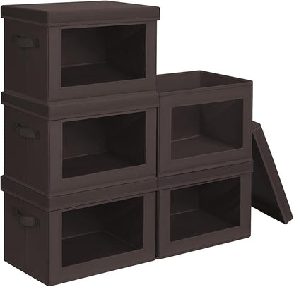 Homsorout Stackable Storage Bins with Lids - Large Decorative Basket with Lids, Fabric Foldable Closet Organizer Bins, Shelf Organizer for Living Room, Dorm, 5 Pack, Brown