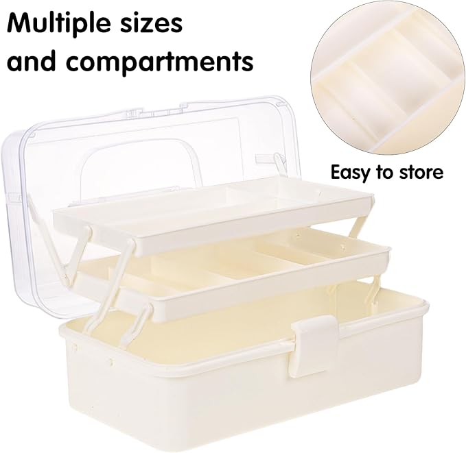 Plastic Tool Box with Handle 3-Layer Craft Organizers Tackle Box Multipurpose Portable Folding Toolbox for Sewing Supplies, Medicine, Art Supplies, Nails and Hair Accessories White 12.5inch
