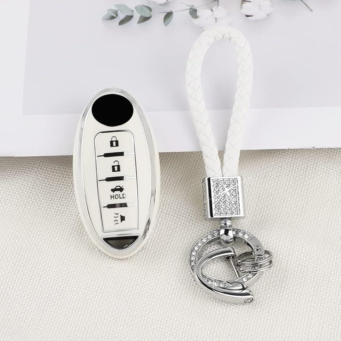PIFOOG Key Fob Cover for Nissan 4 Button Murano Sentra Altima Rogue Kicks Armada Pathfinder Car Accessories TPU Smart Keys Case Shell Cute Bling Keychain Girly Women White