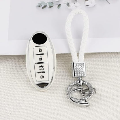 PIFOOG Key Fob Cover for Nissan 4 Button Murano Sentra Altima Rogue Kicks Armada Pathfinder Car Accessories TPU Smart Keys Case Shell Cute Bling Keychain Girly Women White