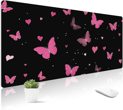 Mouse Pad Leather Desk Mat Large Keyboard Cute Office Desktop Computer Laptop XXL Long Big Aesthetic Modern Design Women Girls Gaming Gamer Oversized Wide Mousepad 31.5"x15.7", Pink Butterfly