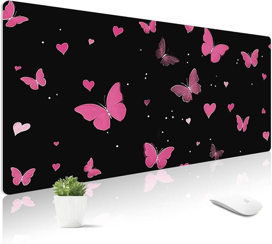 Mouse Pad Leather Desk Mat Large Keyboard Cute Office Desktop Computer Laptop XXL Long Big Aesthetic Modern Design Women Girls Gaming Gamer Oversized Wide Mousepad 31.5"x15.7", Pink Butterfly