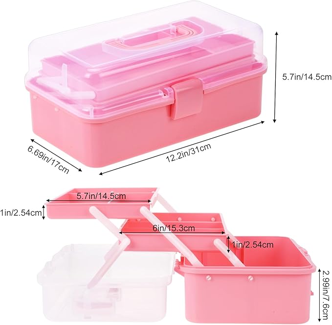 Pink Tackle Box, Craft Organizers and Storage 3-Layer Portable Folding Toolbox, Plastic Tool Box with Handle for Sewing Medicine Art Supplies, Nails and Hair Accessories 12.5inch