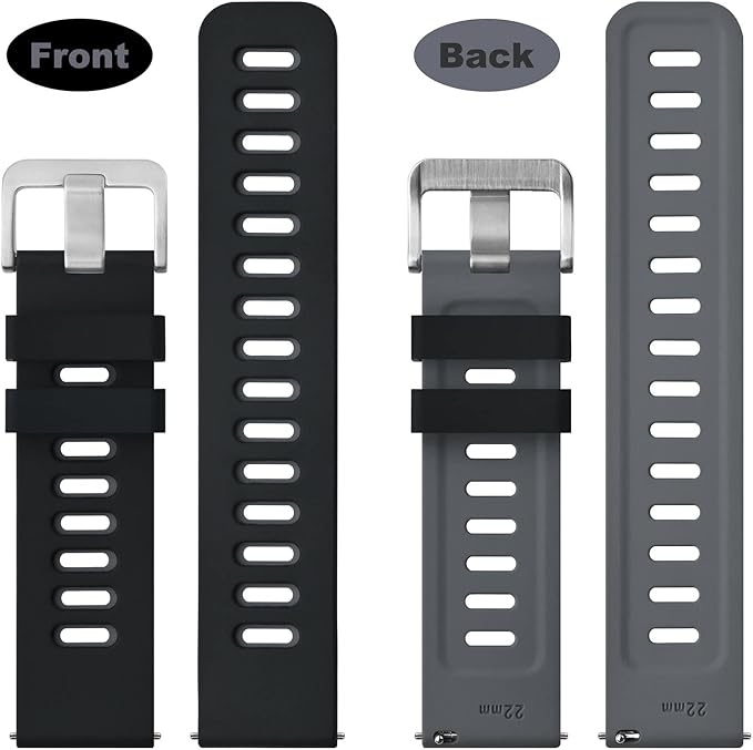 WOCCI 19mm Bicolor Watch Band, Silicone Rubber, Quick Release Replacement Strap for Men and Women, Silver Stainless Steel Buckle (Black-Grey)