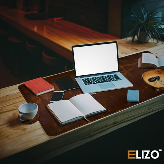 Elizo Real Leather Desk Mat Set (32x16) Large Desk Cover Desk Blotter Protector Computer Gaming Mouse Pad Table Laptop Office Desktop Accessories