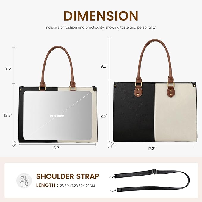 LOVEVOOK Laptop Tote Bag for Women, 15.6 Inch Large Capacity Vintage Leather Work Computer Bag, Business Casual Shoulder Handbag, Black & White & Brown