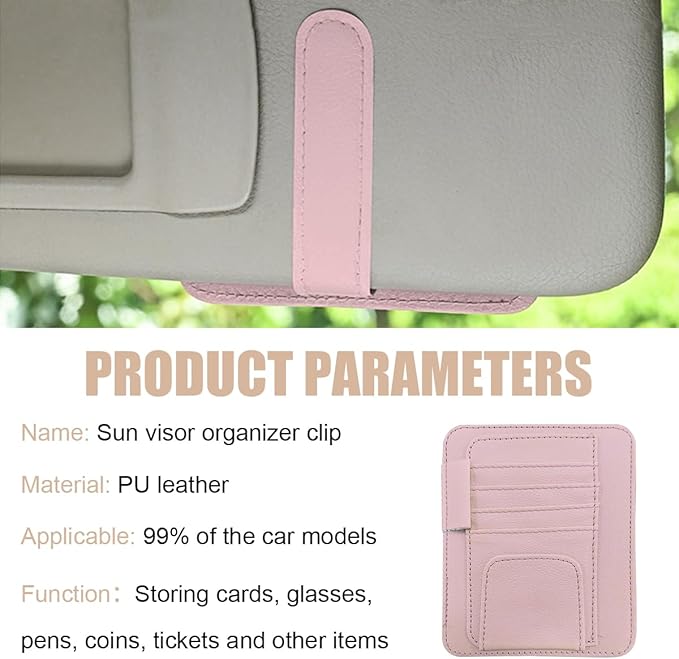Augeny 2 PCS Car Sun Visor Organizer, Small Auto Visor Organizer and Storage, Registration and Document Holder for Sunglasses, Card, Pen, Driver License, Car Accessories (Pink)