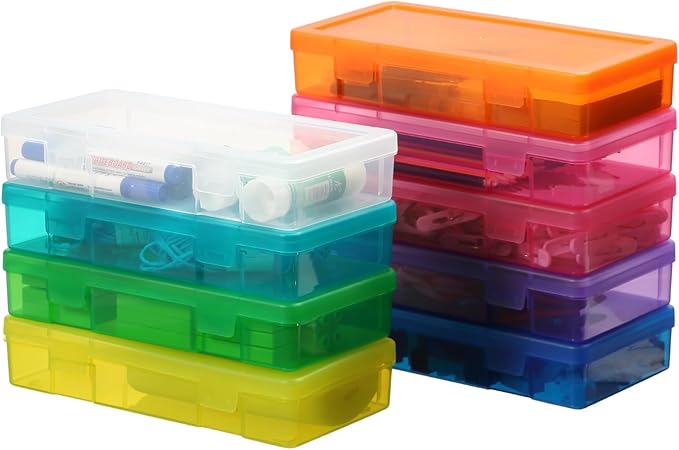 novelinks Plastic Small Storage Bins with Lids for Organizing, Mini Clear Storage Containers and Stackable Storage Box Organizer for Pencil Boxes, Task Boxes, Crayon Boxes (9 Pack Medium -Color)