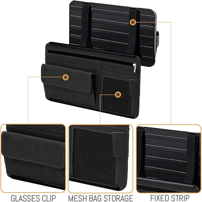 Car Sun Visor Organizer, Leather Vehicle Visor Card License Storage Pouch with Glasses Holder, Multifunctional Auto Interior Sunshade Document Pocket Organizer, Universal for Vehicles (Black)