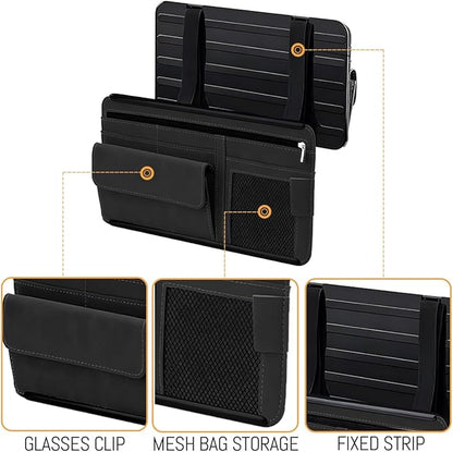 Car Sun Visor Organizer, Leather Vehicle Visor Card License Storage Pouch with Glasses Holder, Multifunctional Auto Interior Sunshade Document Pocket Organizer, Universal for Vehicles (Black)