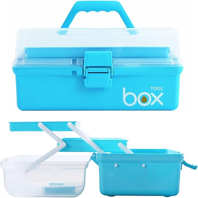 Kinsorcai 2PCS 12'' Three-Layer Clear Art Box Organizer, Multipurpose Plastic Craft Box with Handle (Blue)