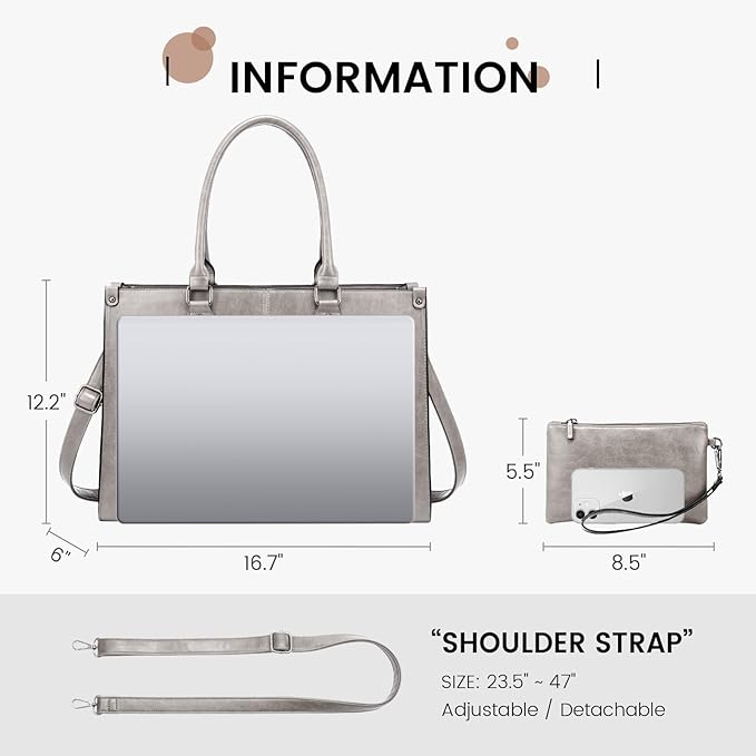 LOVEVOOK Laptop Tote Bag for Women, 15.6 Inch Large Capacity Vintage Leather Work Computer Bag, Business Casual Shoulder Handbag, Smoke Gray