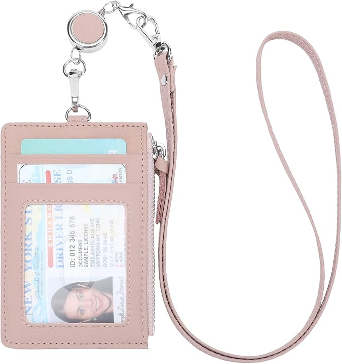 SENDEFN Retractable Badge Holder Wallet, Genuine Leather ID Card Holder with Removable Neck Lanyard Clasp, Five Card Slots, for Office Staff Women