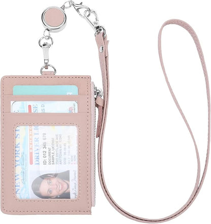 SENDEFN Retractable Badge Holder Wallet, Genuine Leather ID Card Holder with Removable Neck Lanyard Clasp, Five Card Slots, for Office Staff Women