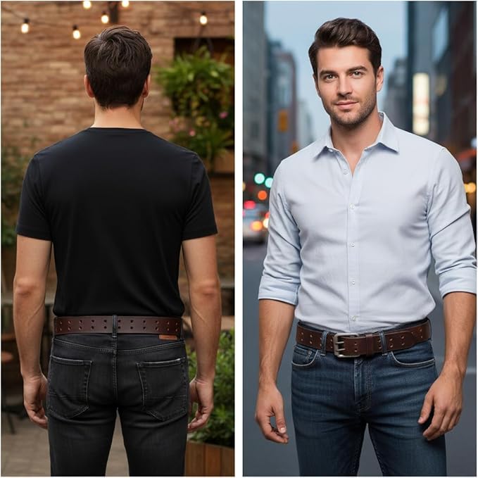 F&L CLASSIC Leather Work Belt, Heavy Duty Double Prong full grain Leather Belts for Men 1 1/2", Mens Casual Belts for Jeans