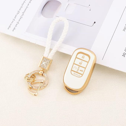 PIFOOG Key Fob Cover Fit for Honda 2025 2024 2023 CRV Civic Accord Pilot HRV 5 Button Car Smart Keys Shell Case with Bling Keychain Full Protector Accessories White Gold TPU Cute Girly Women
