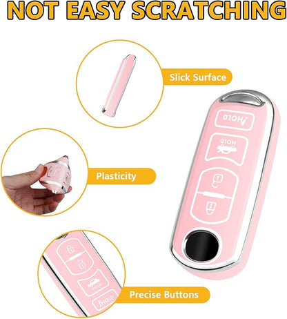 FT FUNTOR for Mazda Key Cover,4 Buttons TPU Key Cover with Silver Edge,Compatible with Mazda 3 6 8 CX-3 CX-5 CX-7 CX-9 atenza Miata MX-5 with Keychain (B-Pink)