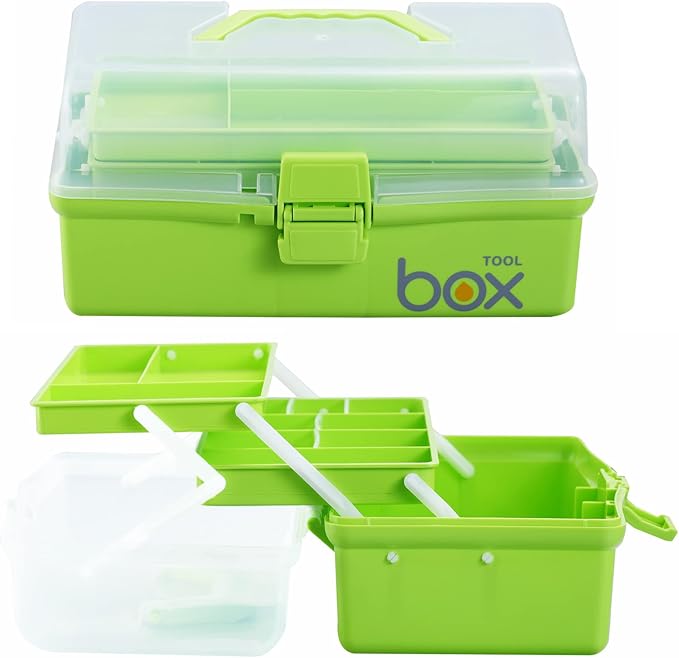 Kinsorcai 2PCS 12'' Three-Layer Clear Plastic Storage Box/Tool Box, Multipurpose Organizer and Portable Handled Storage Case for Art Craft and Cosmetic (Green)