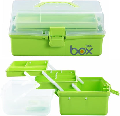 Kinsorcai 2PCS 12'' Three-Layer Clear Plastic Storage Box/Tool Box, Multipurpose Organizer and Portable Handled Storage Case for Art Craft and Cosmetic (Green)