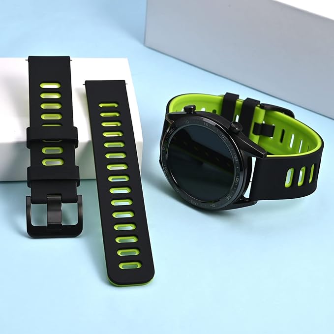 WOCCI 18mm Bicolor Watch Band, Silicone Rubber, Quick Release Replacement Strap for Men and Women, Black Stainless Steel Buckle (Black-Spring Green)