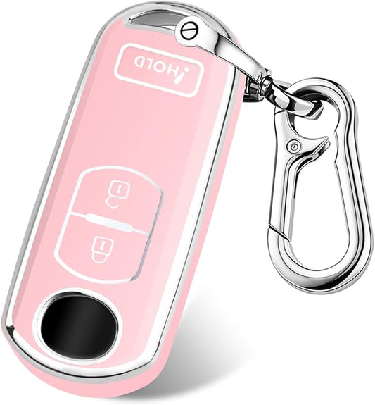 FT FUNTOR for Mazda Key Cover,3 Buttons TPU Key Cover with Silver Edge,Compatible with Mazda 3 6 CX-3 CX-5 CX-7 CX-9 with Keychain (B-Pink)
