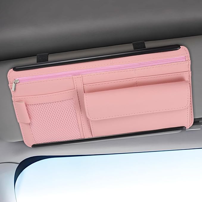 Hovom Car Visor Organizer, Leather Multi-Pocket Auto Sun Visor Storage Pouch with Sunglasses Holder, Card Holder, Zipper Pocket, Net Pocket, Pen Slot, Universal Interior Car Accessories (Pink)