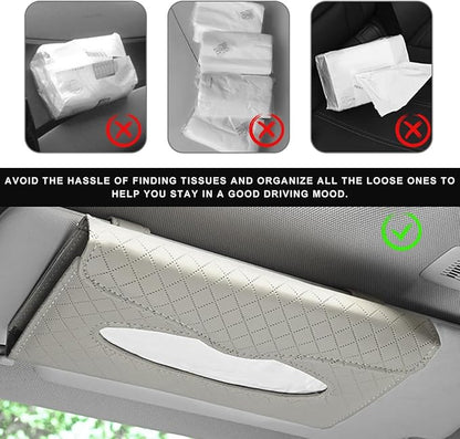 Car Tissue Holder, PU Leather Sun Visor Hanging Paper Napkin Dispenser with Tissue Refill, Backseat Mask Towel Case Visor Organizer with Magnetic Closure, Car Accessories (Beige)