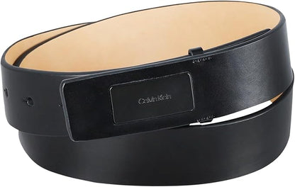 Calvin Klein Men's Plaque Buckle Belt - Casual Modern Style With Logo Detail for Jeans and Dress Pants
