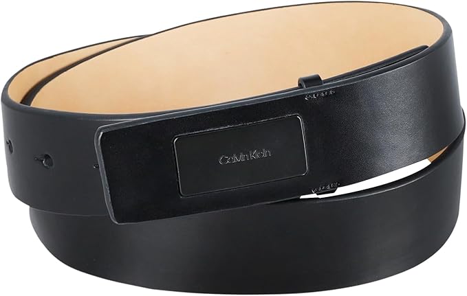 Calvin Klein Men's Plaque Buckle Belt - Casual Modern Style With Logo Detail for Jeans and Dress Pants